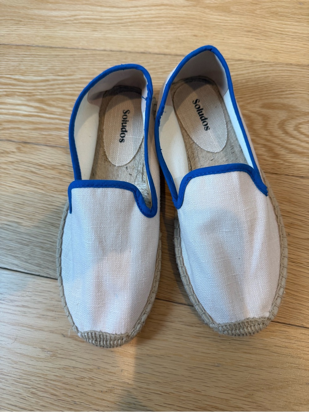 Soludos White Canvas Espadrilles with Royal Blue Piping